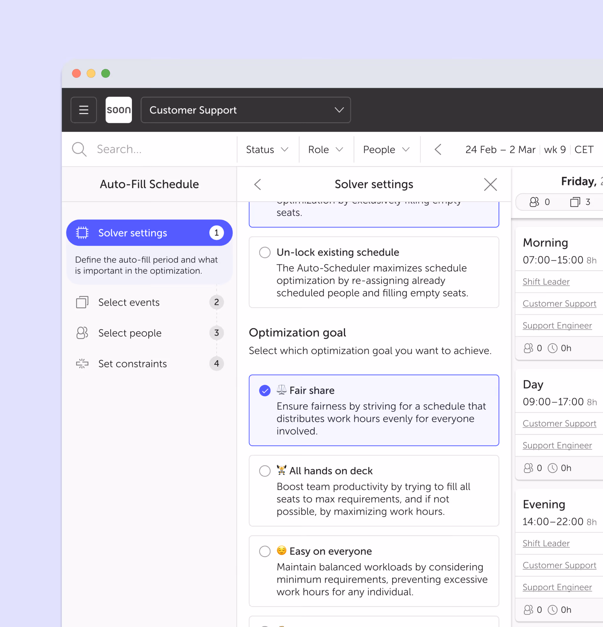 Auto-fill completing a full week schedule in Soon with 100% coverage