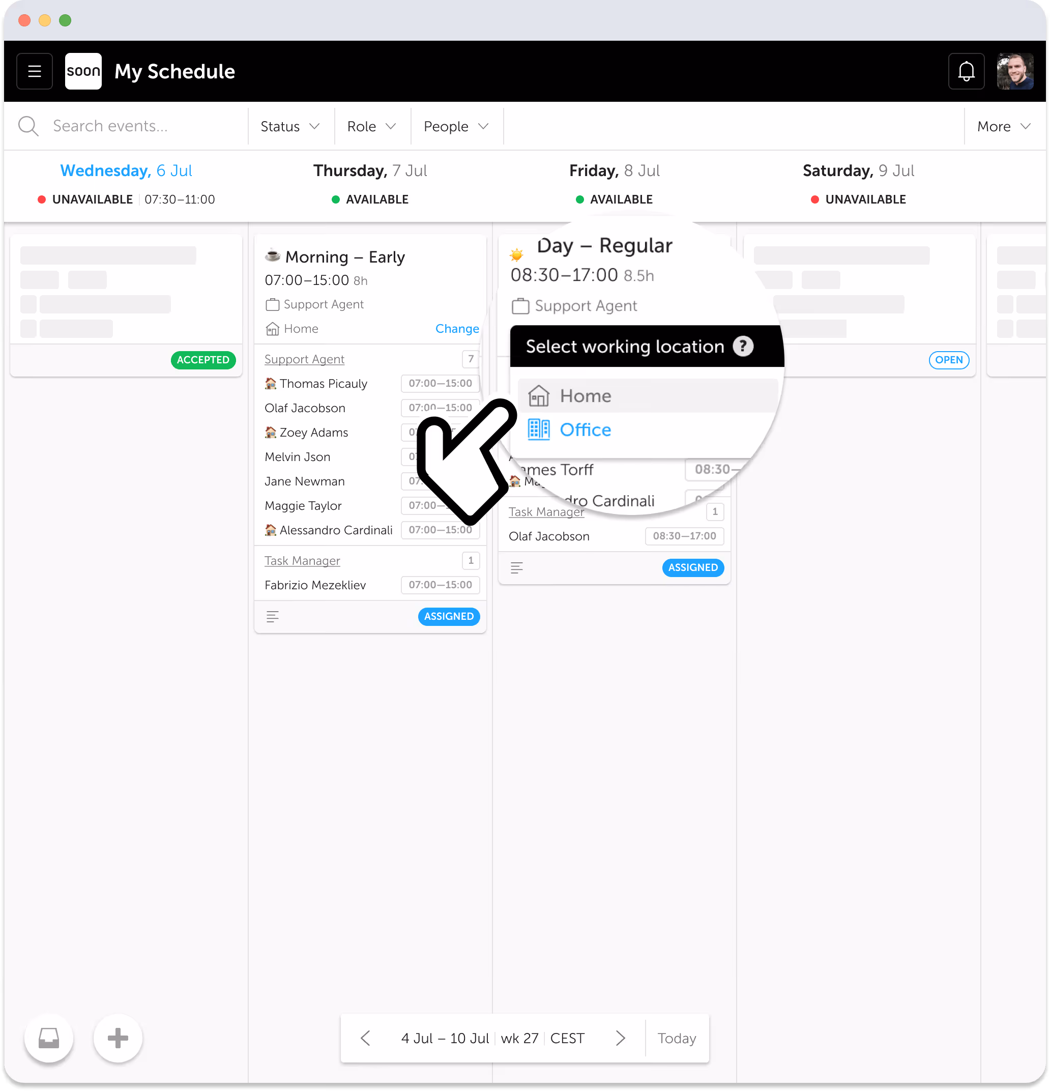 Mobile self-service view in Soon showing personal schedule with WFH and office options
