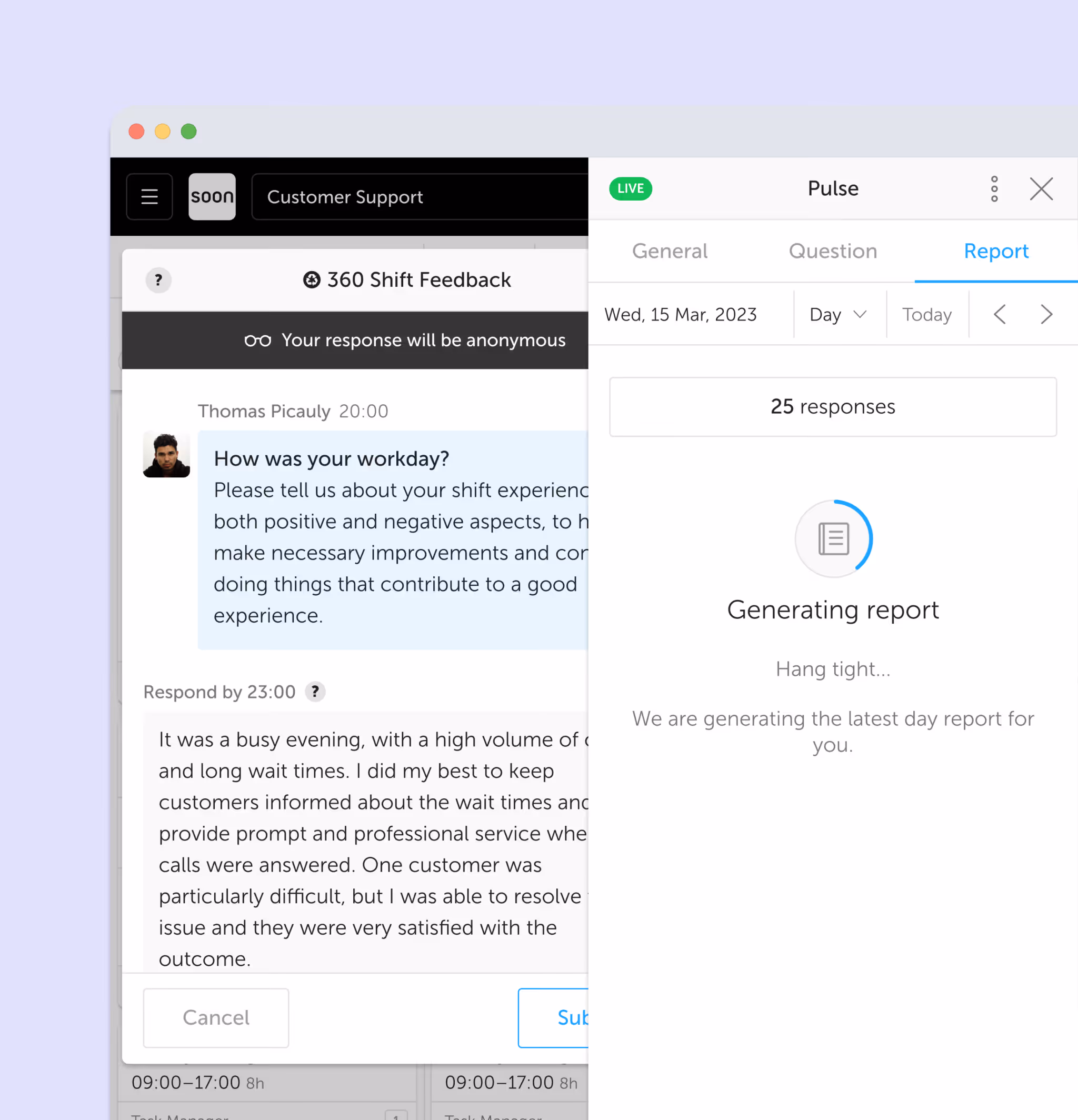 Team Pulse dashboard in Soon showing team health and engagement metrics